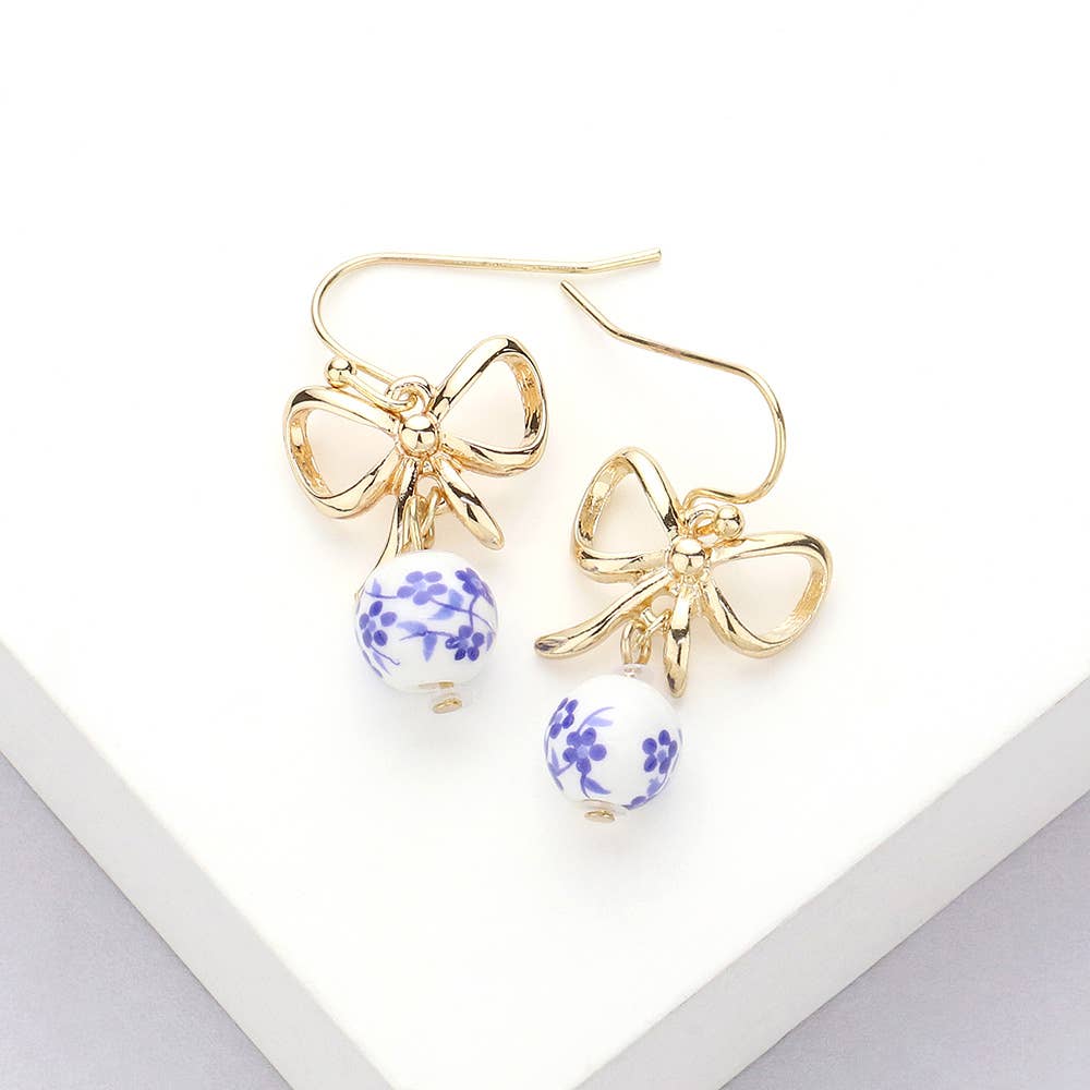 Metal Bow Floral Ceramic Ball Dangle Earring