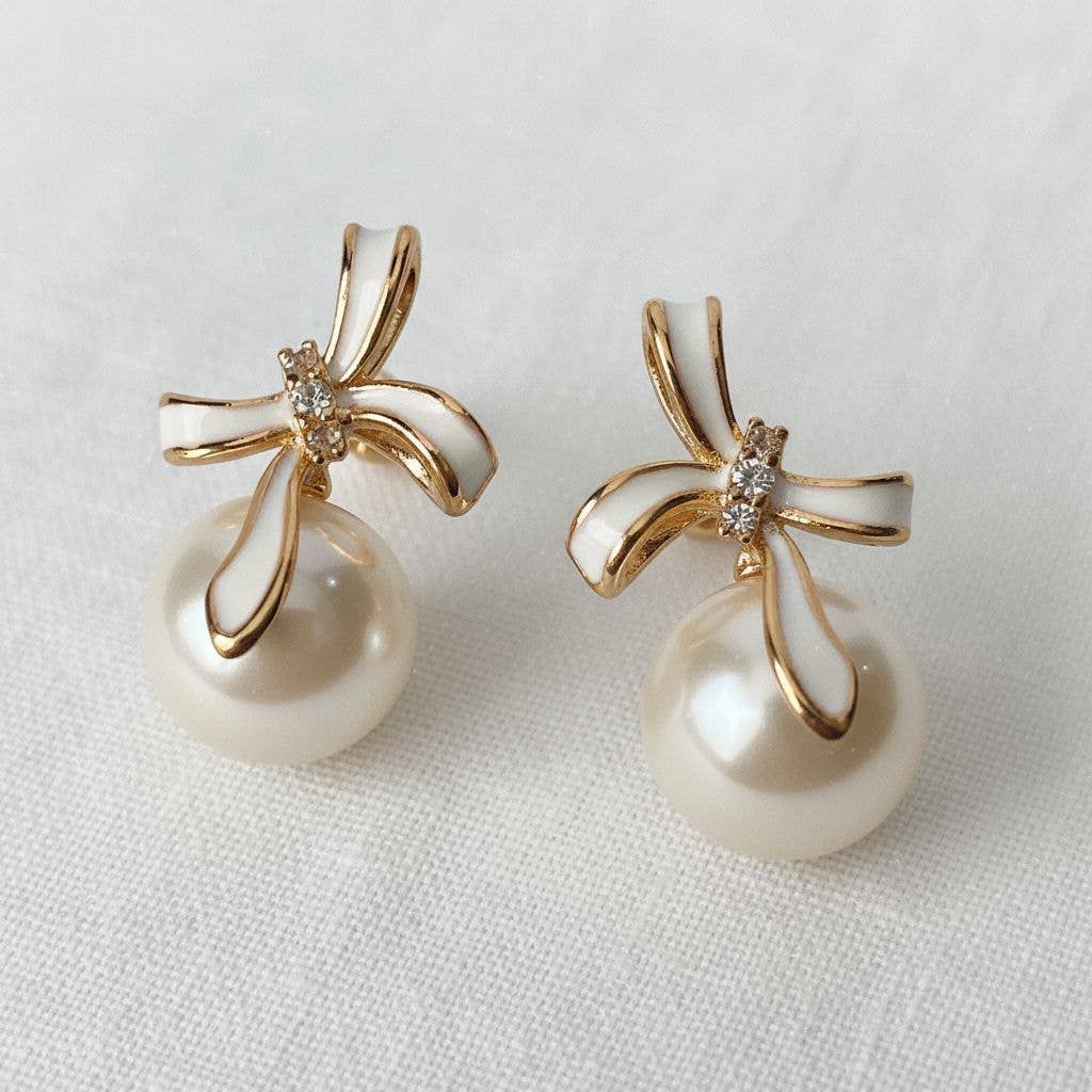Pearl Bowknot Stud Earrings with French Elegance - - essecoco