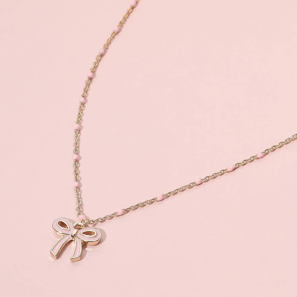 Pink Enamel Bow Pendant Necklace