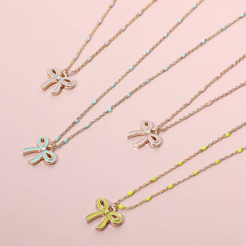 Pink Enamel Bow Pendant Necklace
