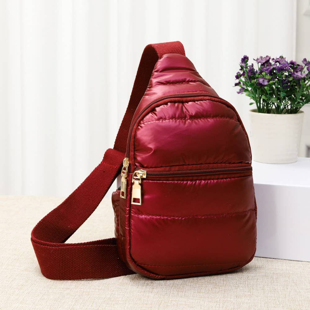 Solid Puffer Mini Sling Bag in Burgundy