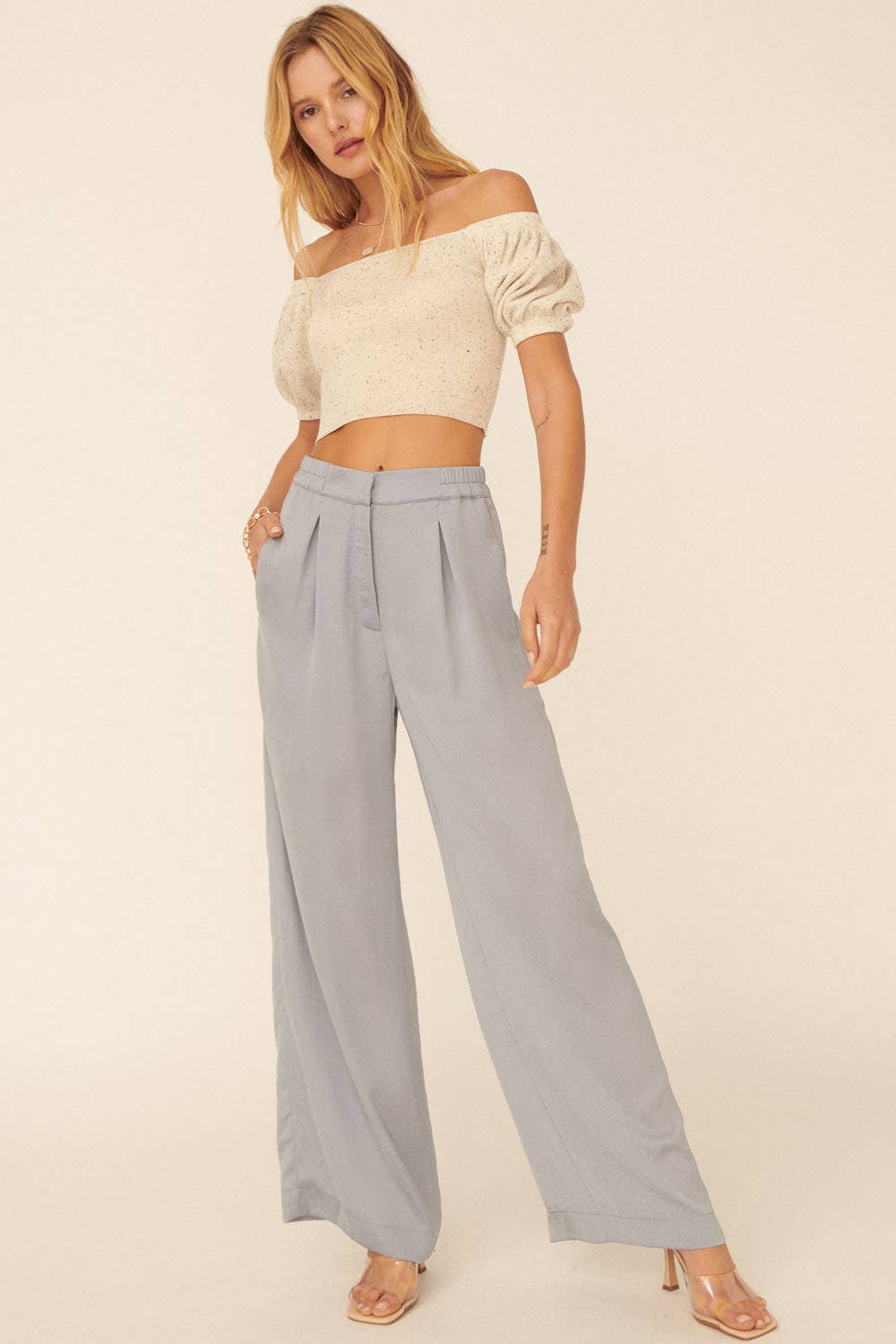 Addy Speckled Rib Knit Off Shoulder Puff Crop Sweater - Sweater Crop Top - essecoco