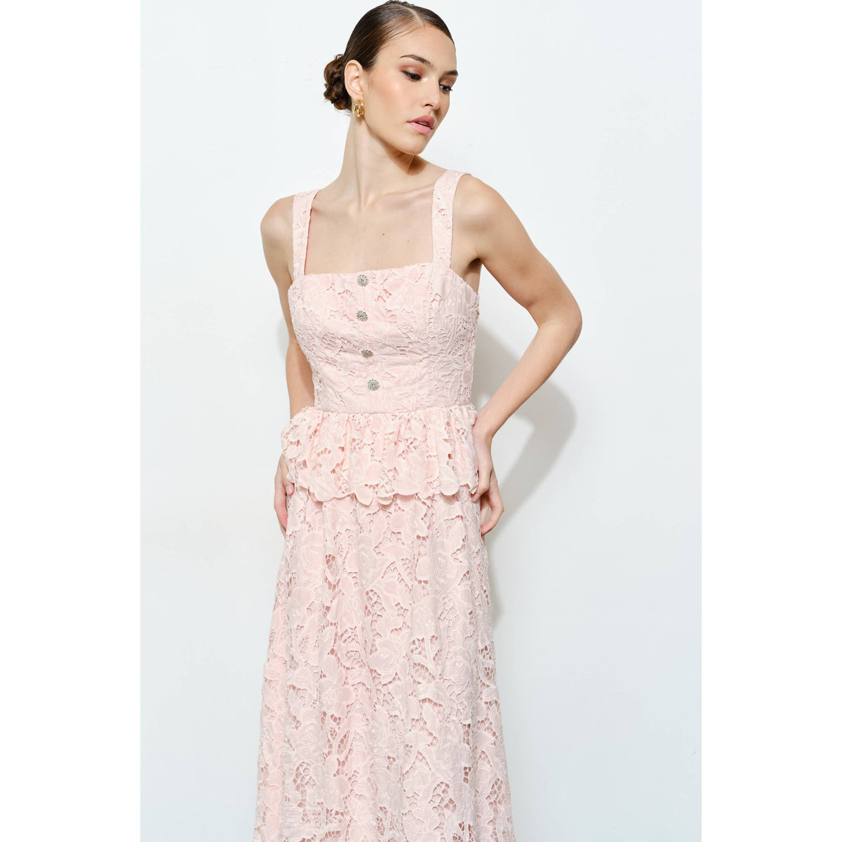INA Romantic floral lace sleeveless maxi dress featuring intricate lace details and a flowing silhouette, perfect for elegant occasions.