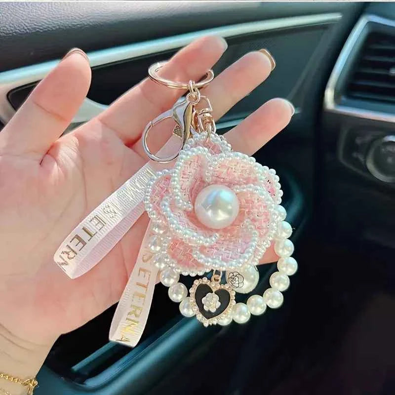 Pearl Element Handmade Fabric Camellia Keychain, Handbag Charms