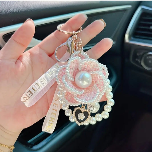 Pearl Element Handmade Fabric Camellia Keychain, Handbag Charms - Keychains - essecoco