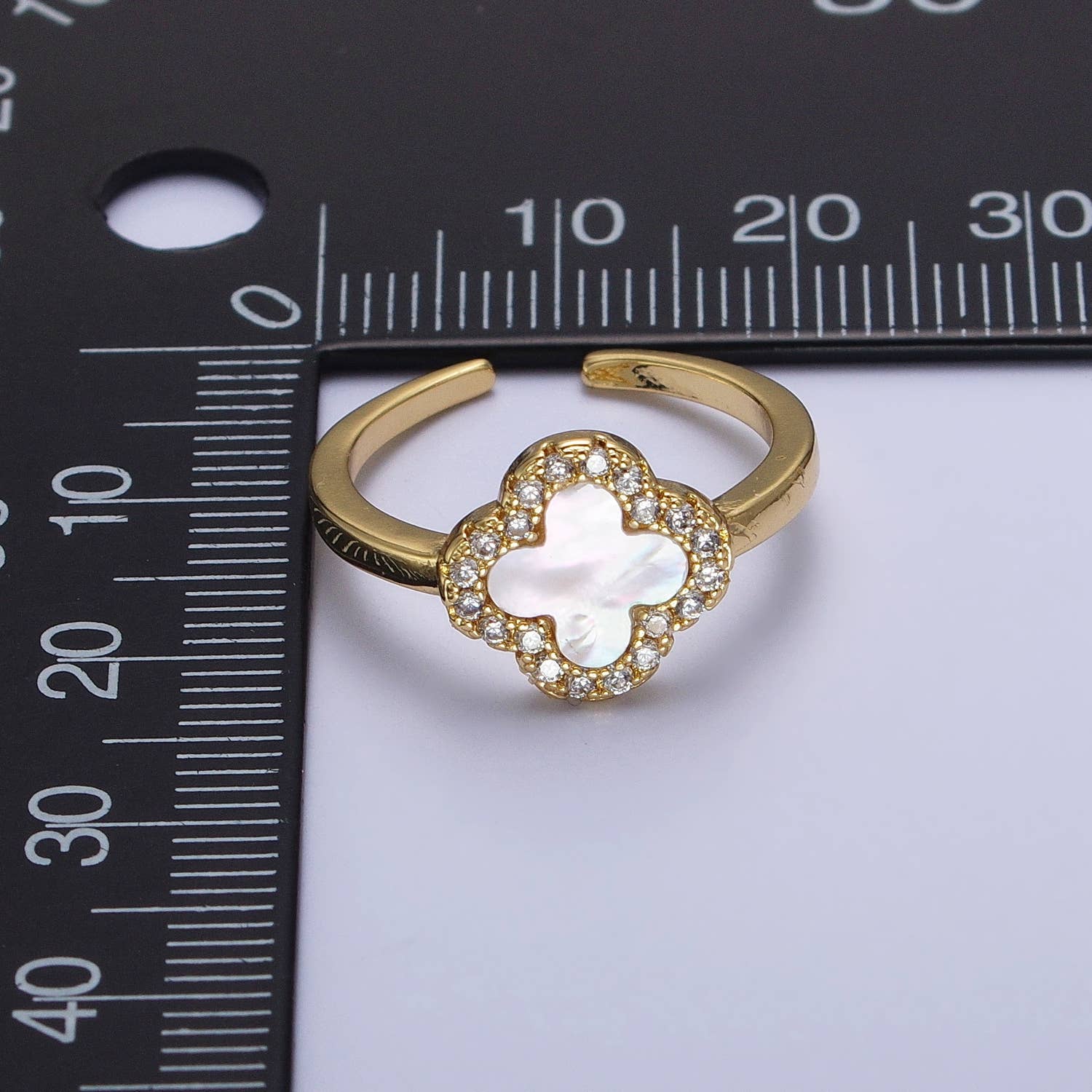 Dainty Pearl Clover Floral Micro Pave Gold Quatrefoil Ring -  - essecoco