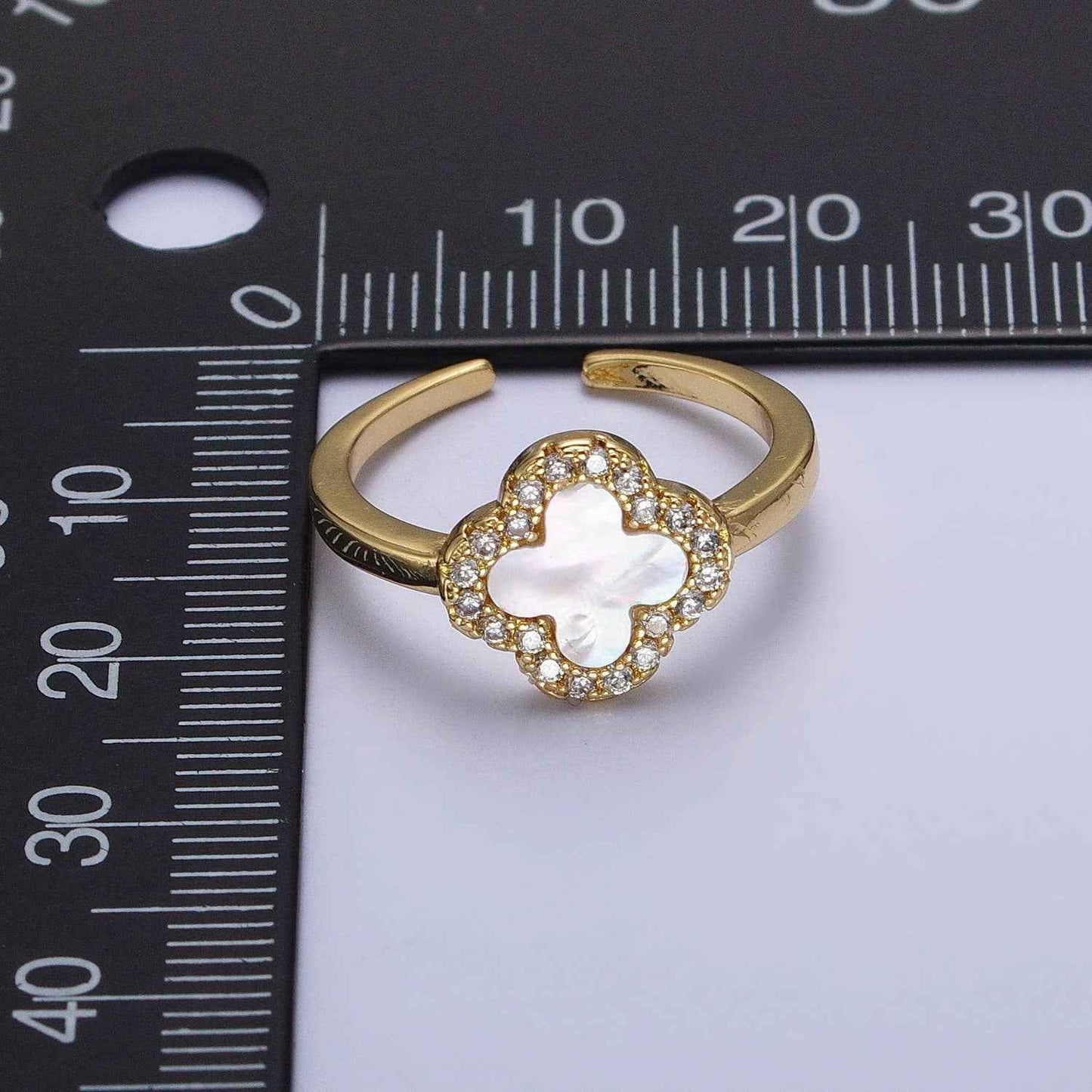 Dainty Pearl Clover Floral Micro Pave Gold Quatrefoil Ring