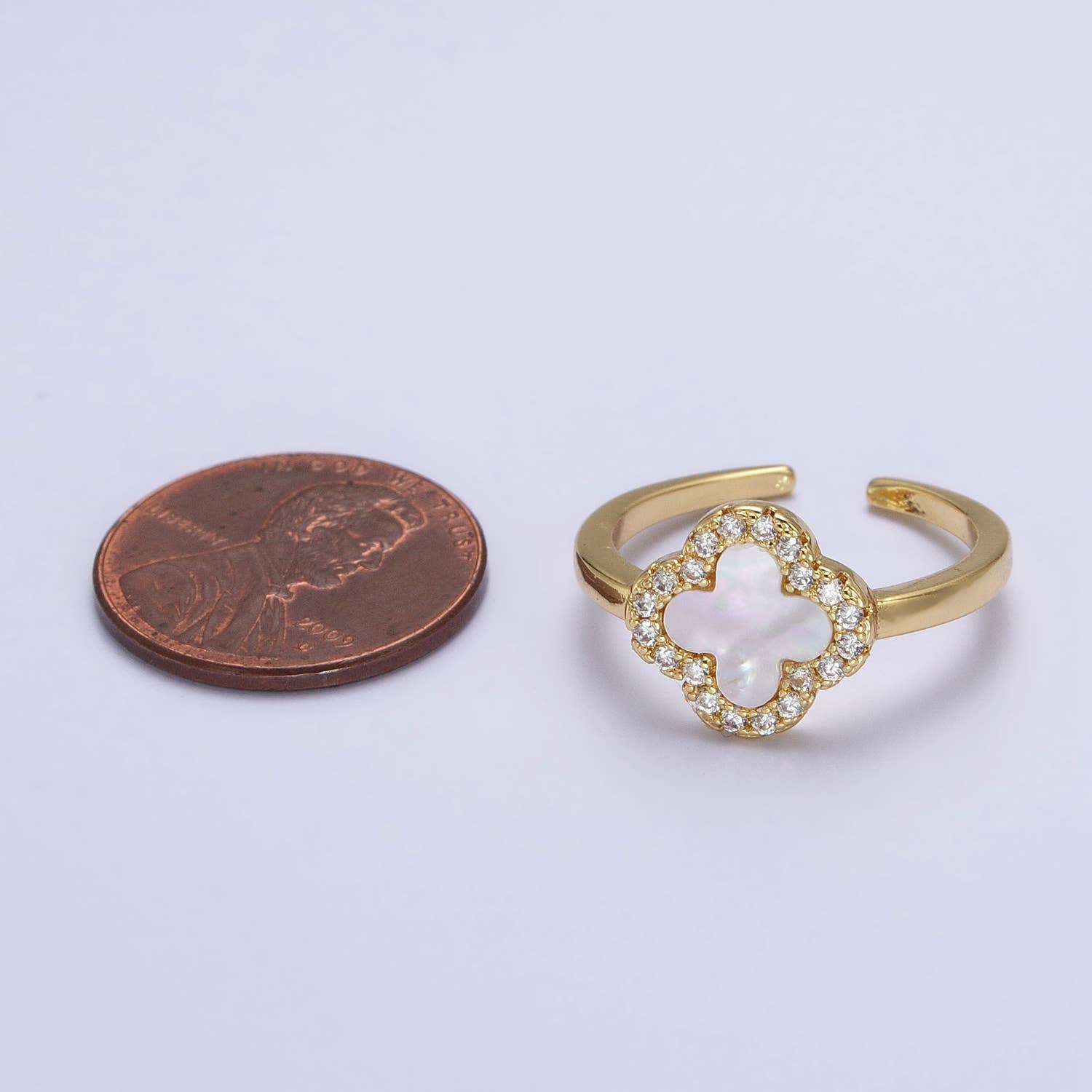 Dainty Pearl Clover Floral Micro Pave Gold Quatrefoil Ring -  - essecoco