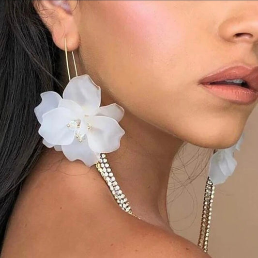 Bold White Floral Dangle Rhinestone Earrings - Flower Pearl Earrings - essecoco
