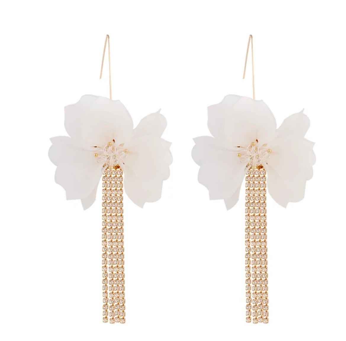 Bold White Floral Dangle Rhinestone Earrings