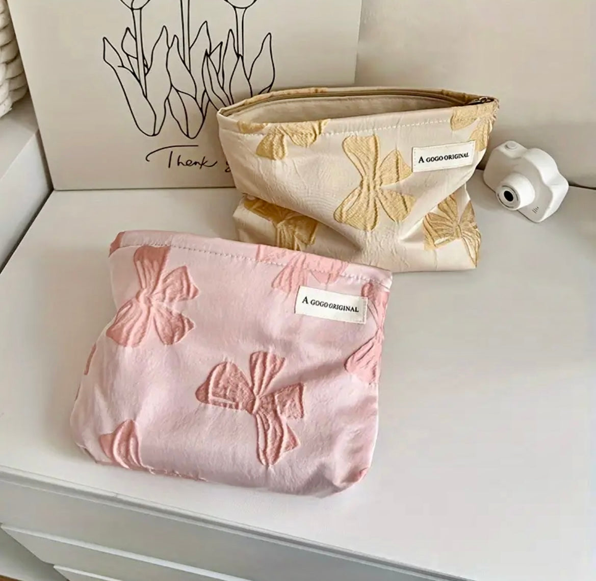 Vintage Bow-Adorned Jacquard Cosmetic Bag -  - essecoco