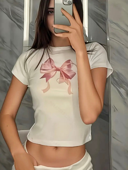 Chic Bow Print Crop Top T-Shirt -  - essecoco