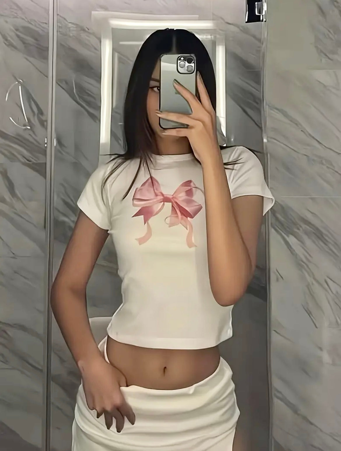 Chic Bow Print Crop Top T-Shirt -  - essecoco