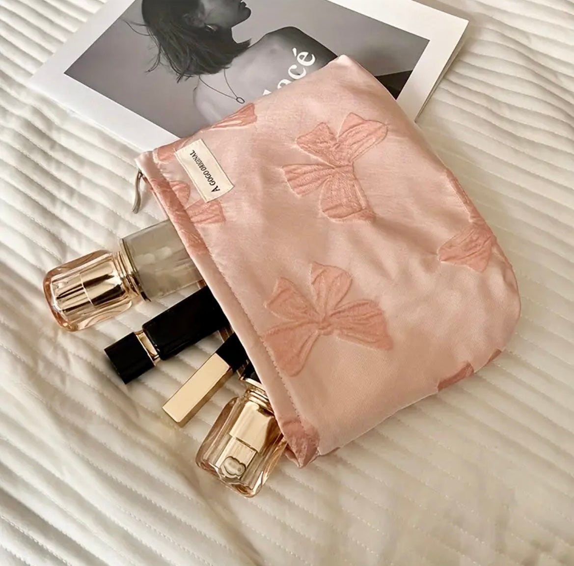 Vintage Bow-Adorned Jacquard Cosmetic Bag -  - essecoco