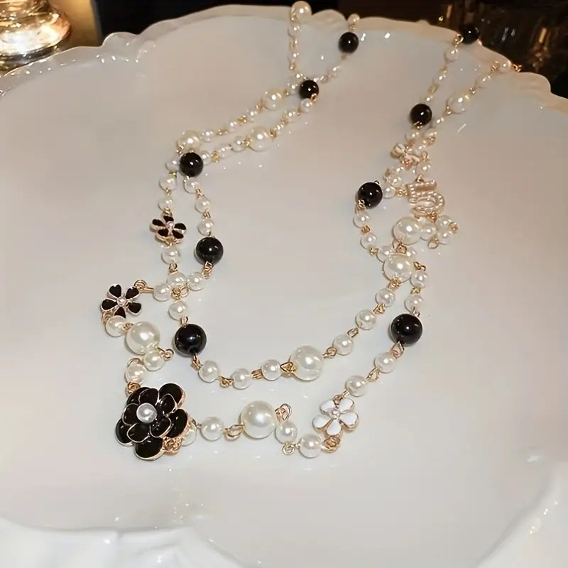 Delicate Multilayer Camellia Pearl Long Necklace - Pearl necklace - essecoco