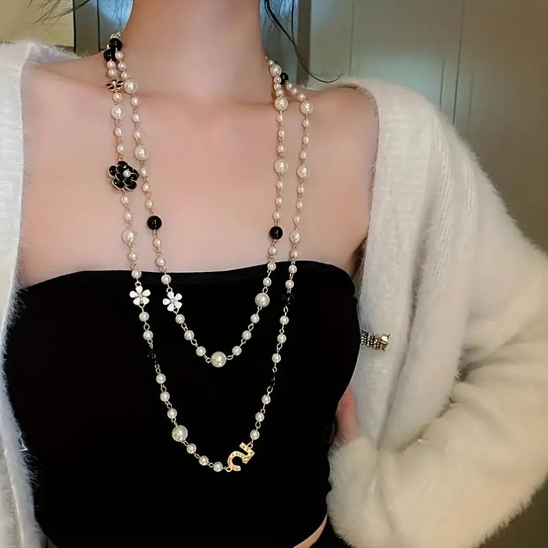 Delicate Multilayer Camellia Pearl Long Necklace - Pearl necklace - essecoco