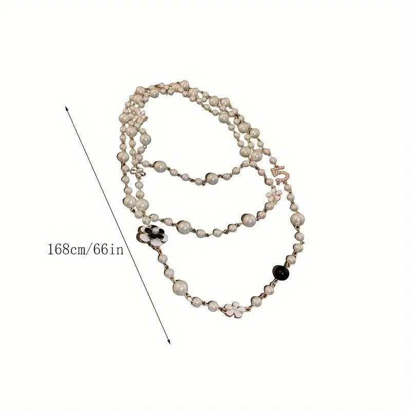 Delicate Multilayer Camellia Pearl Long Necklace - Pearl necklace - essecoco