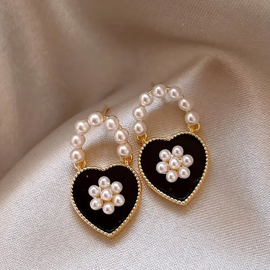 Cute Faux Pearl and Love Heart Delicate Earrings - Pearl Earrings - essecoco