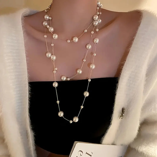 Elegant Faux Pearl Multilayer Chain Long Necklace - Pearl necklace - essecoco