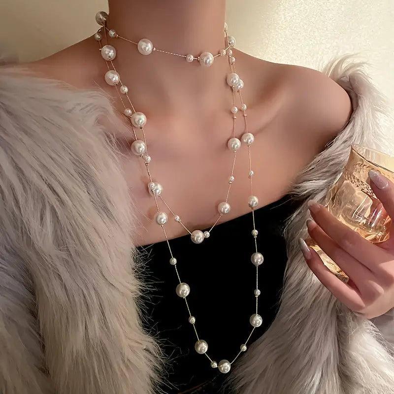 Elegant Faux Pearl Multilayer Chain Long Necklace - Pearl necklace - essecoco