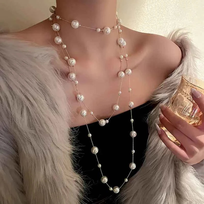 Elegant Faux Pearl Multilayer Chain Long Necklace