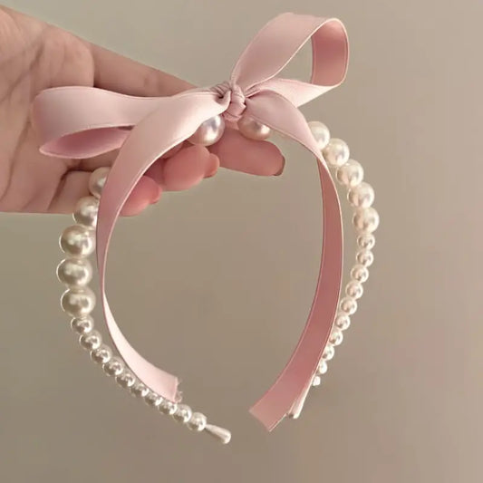 Vintage Pearl Headband, Pink Bow Ribbon - Pearl Headband - essecoco