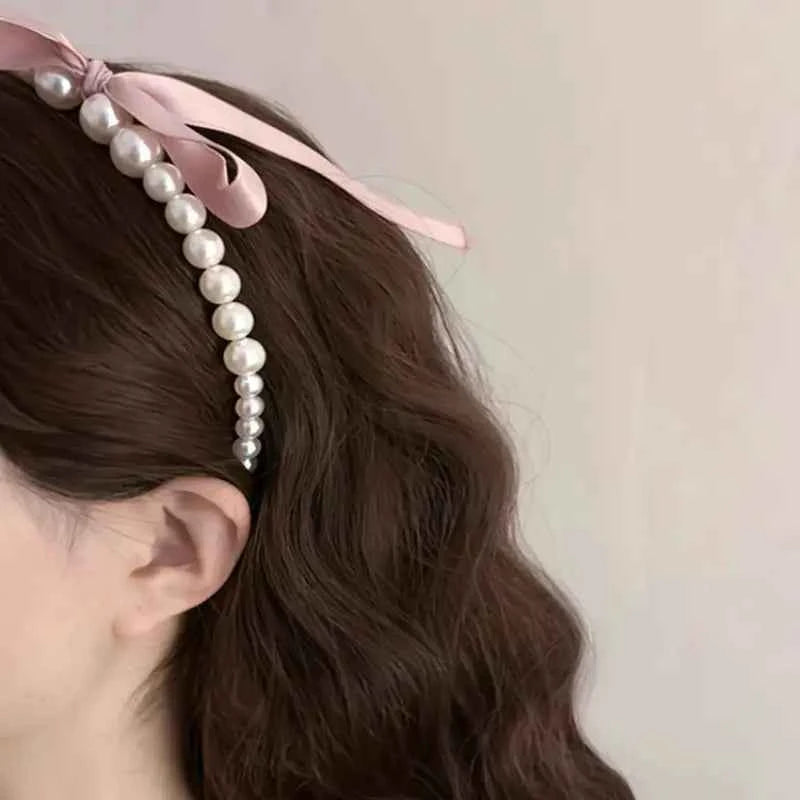 Vintage Pearl Headband, Pink Bow Ribbon