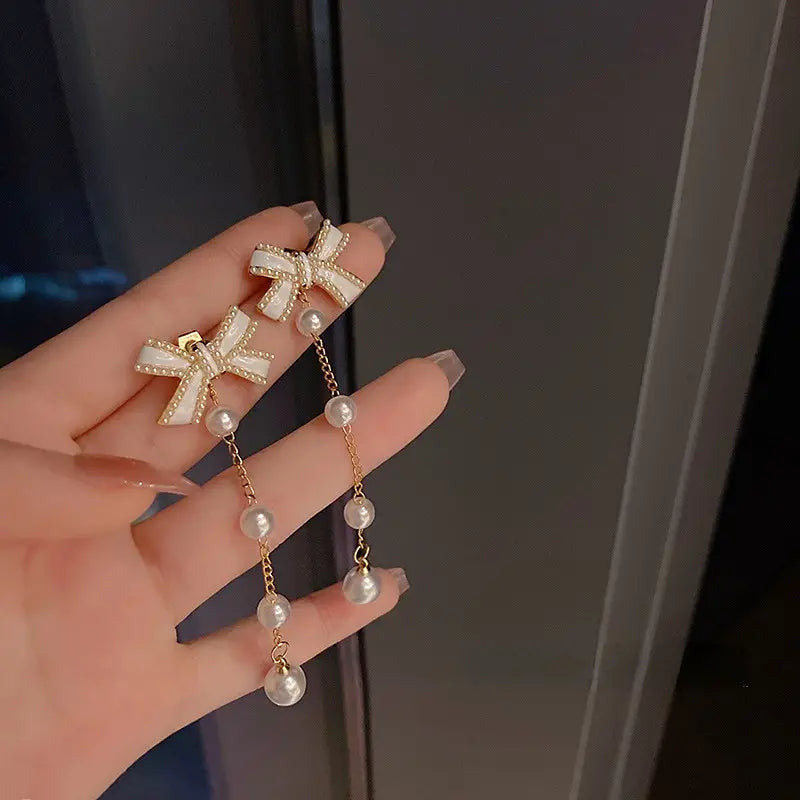Vintage Bowknot Pearl Tassel Long Earrings - Pearl Earrings - essecoco