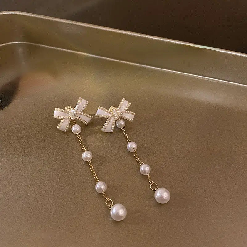 Vintage Bowknot Pearl Tassel Long Earrings - Pearl Earrings - essecoco