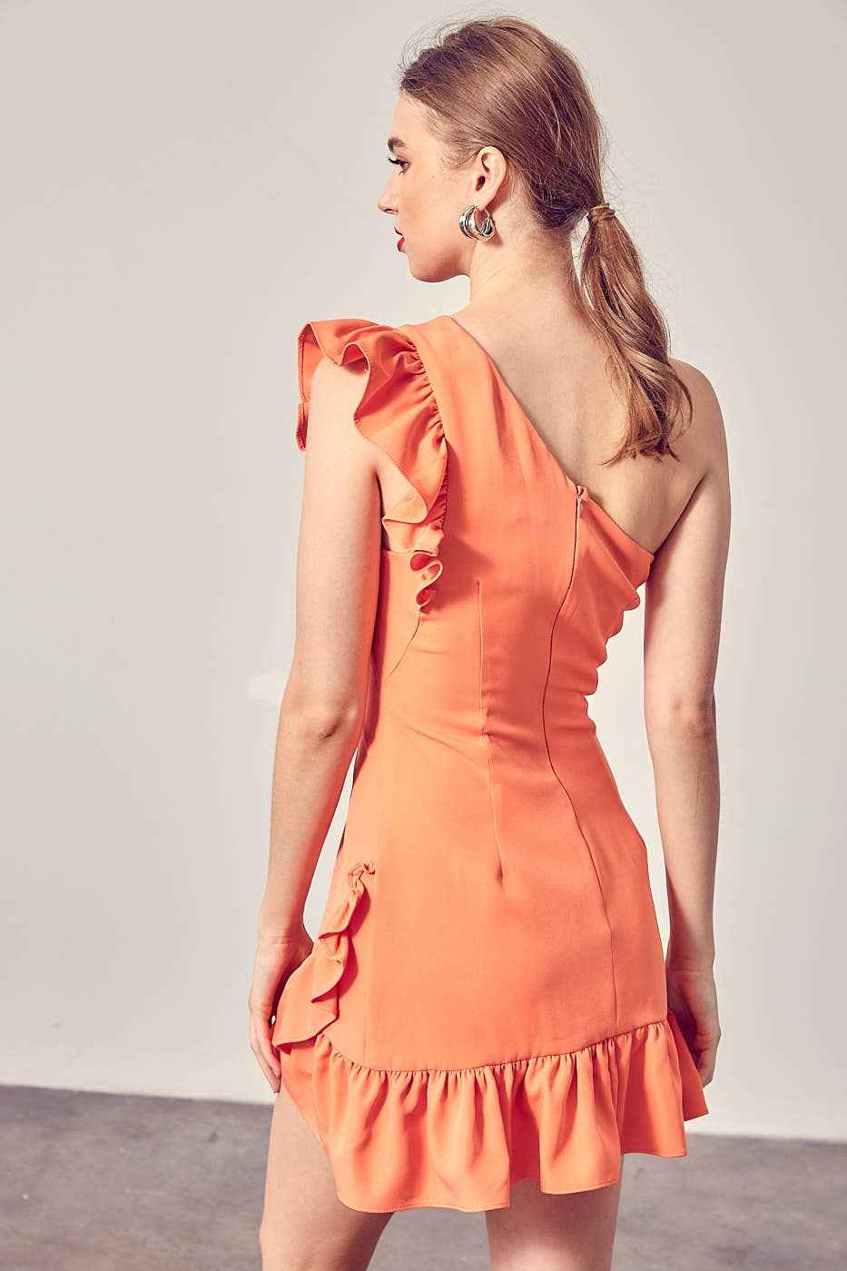 Kendra One Shoulder Ruffle Tangerine Dress