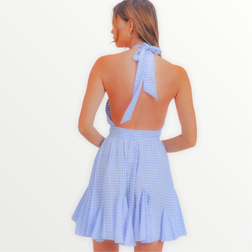 Avery Gingham Halter Mini Dress - Halter Dress - essecoco