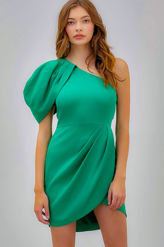 Eden Paris Green One Shoulder Puff Sleeve Dress - One shoulder dress - essecoco