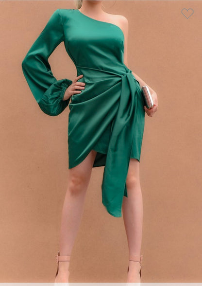 One Shoulder Satin Wrap Mini Dress - Wrap Dress - essecoco