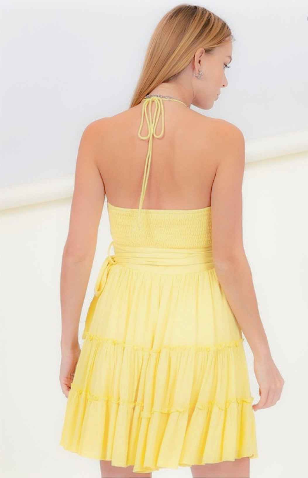 Riley Halter Smocked Cutout Wrap Dress