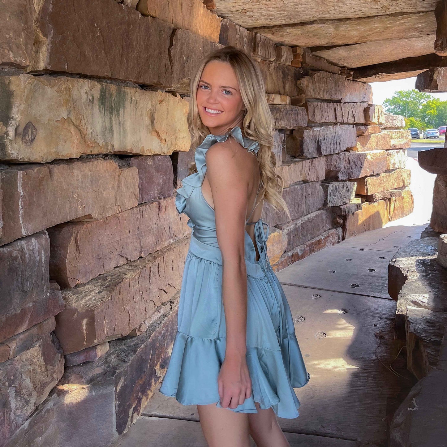 Carsen Dusty Blue Satin Romper