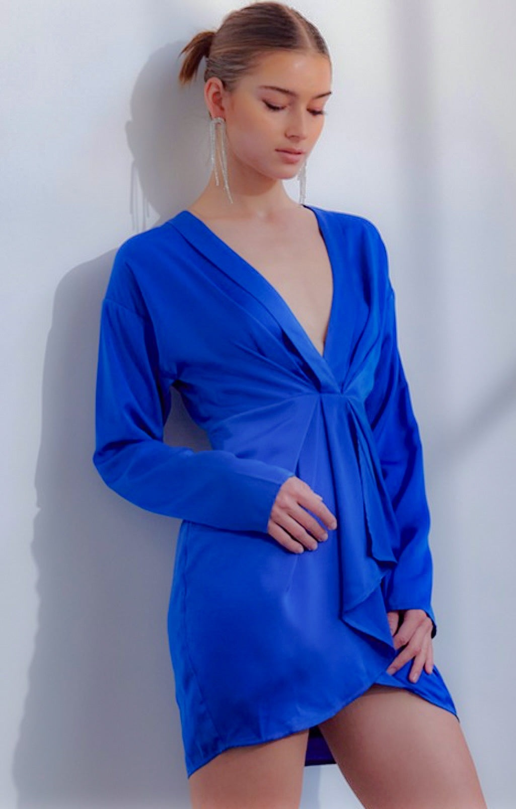 Carly Royal Blue Front Knot Detail Satin Mini Dress - Dresses - essecoco