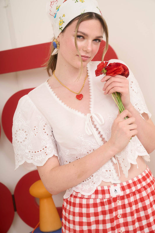 Amy Embroidered Eyelet Scallop Top