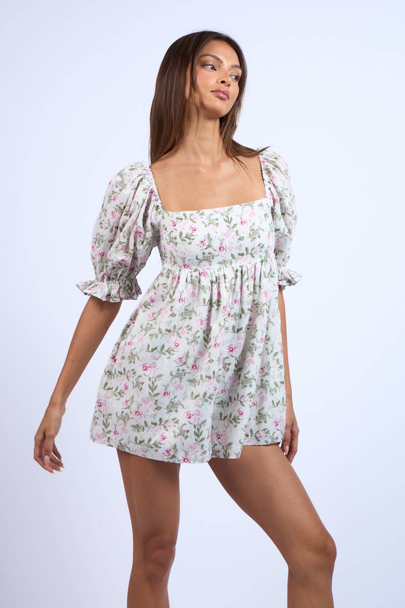 Ashley Floral Print Puff Sleeve Mini Romper