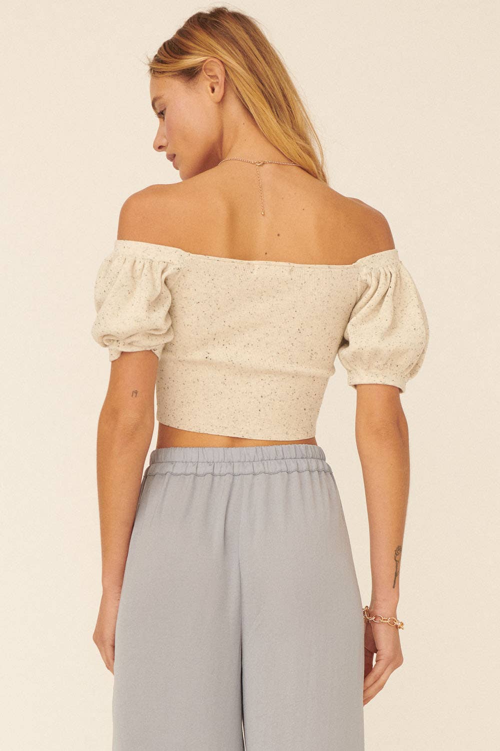 Addy Speckled Rib Knit Off Shoulder Puff Crop Sweater - Sweater Crop Top - essecoco