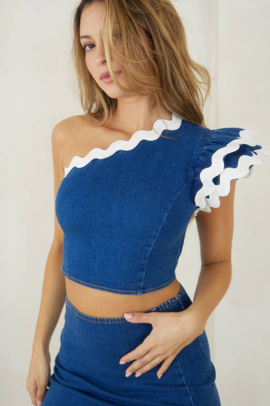 Alea Lace Trim Denim Top