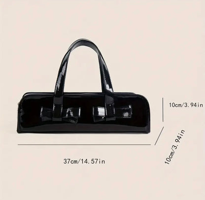 Black glossy baguette handbag by esscoco with double bow detail and chic design, featuring a compact, stylish shape.