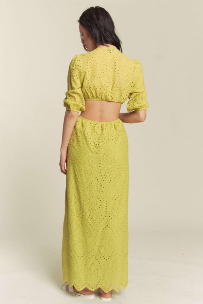 Aria Kiwi Eyelet Embroidered Cut Out Maxi Dress