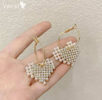 Double Heart Pearl Dangle Earrings - Pearl Earrings - essecoco