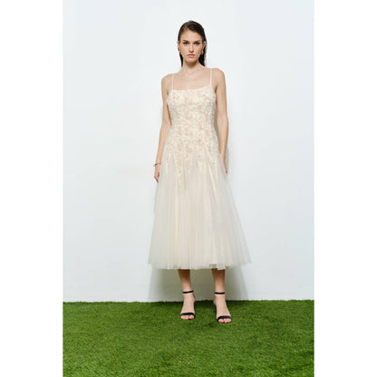 INA romantic lace chiffon sleeveless midi dress shown with delicate lace bodice and flowing chiffon skirt in a soft, elegant design.