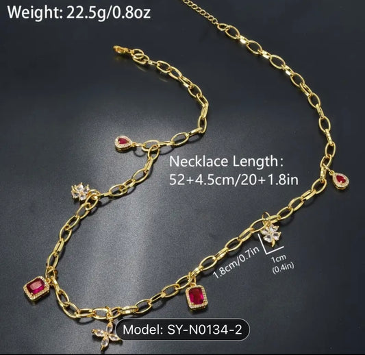 Charm Necklace Sparkling Clover & Red Zirconia Geometric Charms, Exquisite Vintage 18K Gold Plated