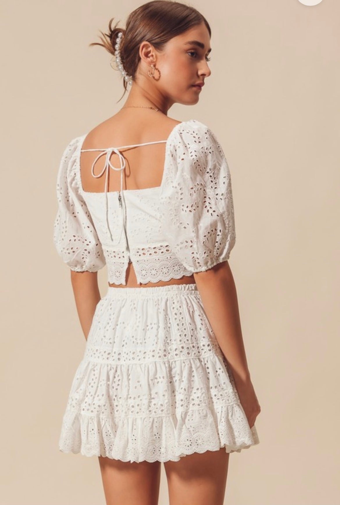 Avery White Eyelet Top & Skirt Set