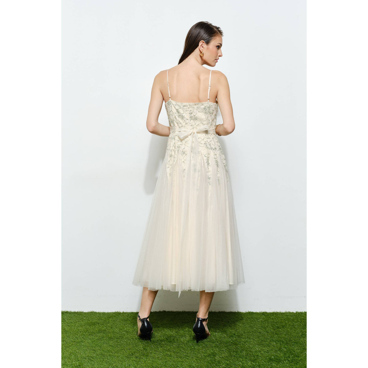 INA Romantic lace chiffon sleeveless midi dress with a flowy silhouette and delicate lace details, perfect for elegant occasions.