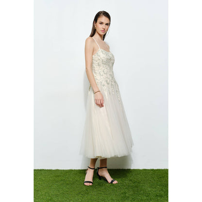 INA Romantic lace chiffon sleeveless midi dress featuring delicate lace details and flowing chiffon fabric.