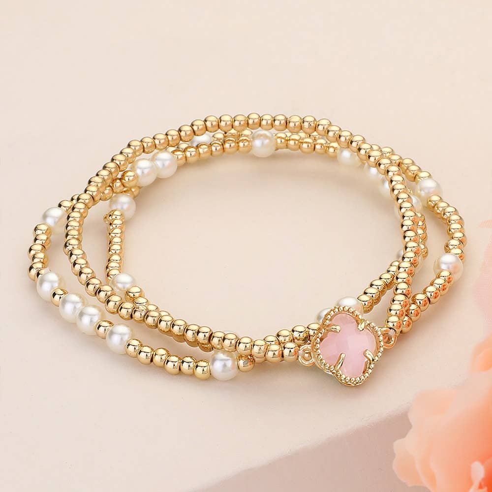 3PCS Quatrefoil Pearl Bead Stretch Multi Layered Bracelets