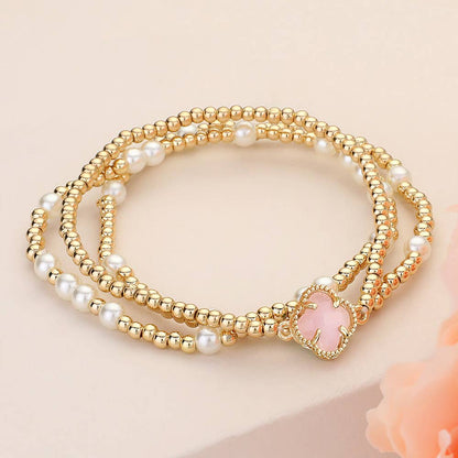 3PCS Quatrefoil Pearl Bead Stretch Multi Layered Bracelets